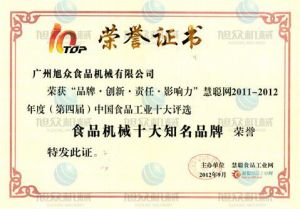食品機械十大品牌(pái)證(zhèng)書